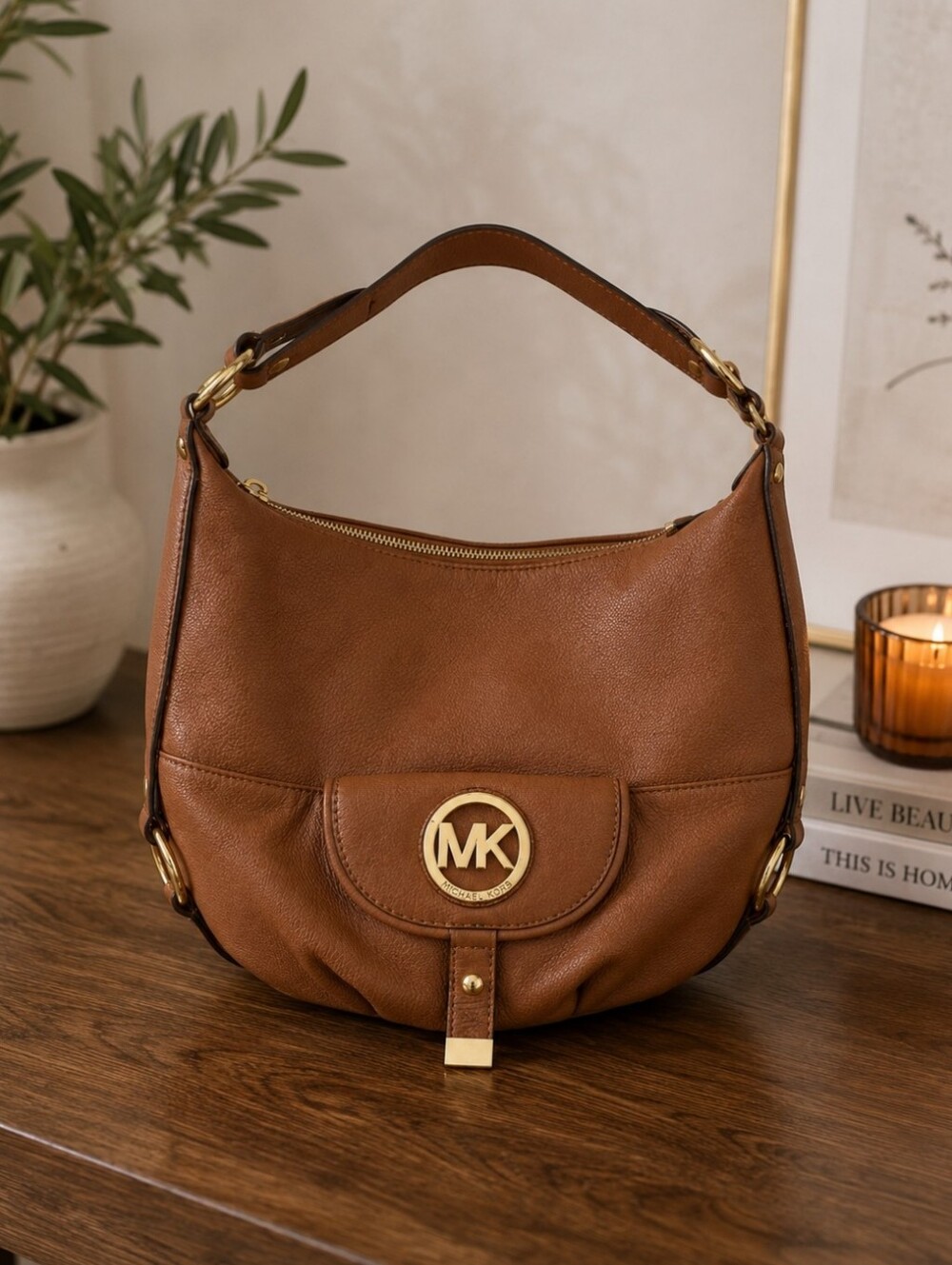 Michael Kors Fulton Camel Brown Leather Satchel Shoulder Bag Handbag
